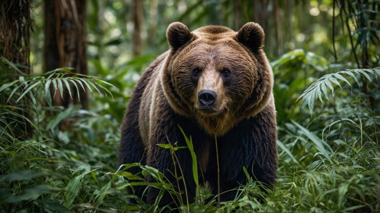 un oso marrón está de pie en el bosque con hierba alta