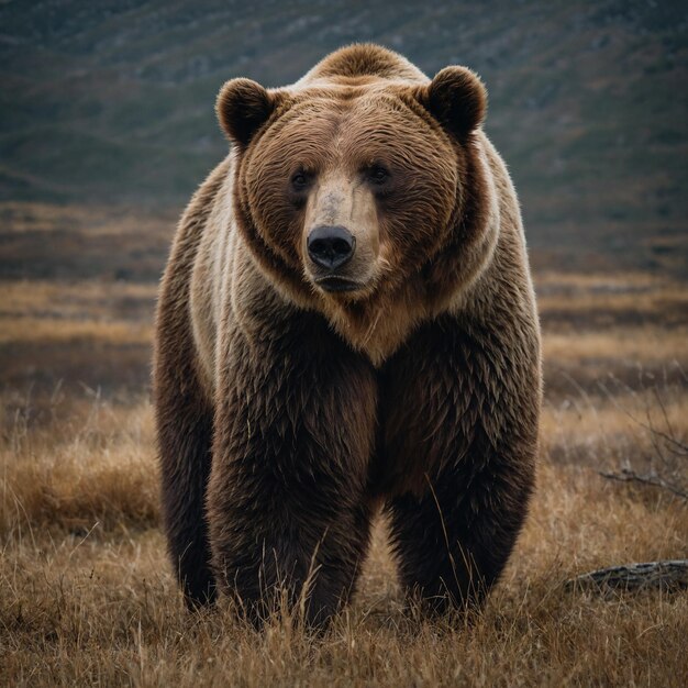 un oso marrón está de pie en un campo con una montaña detrás de él