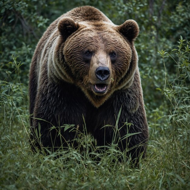 un oso marrón está de pie en la hierba alta y tiene una gran sonrisa en su cara