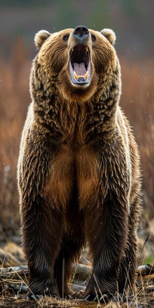 un oso marrón está de pie en la lluvia y mira hacia la cámara