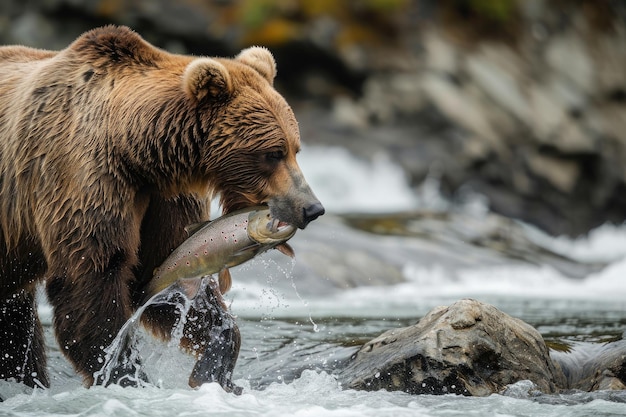 Oso marrón con pescado en la boca Comportamiento depredador en la naturaleza Un oso pardo a la orilla de un río atrapando bruscamente un pez en su boca Generado por IA