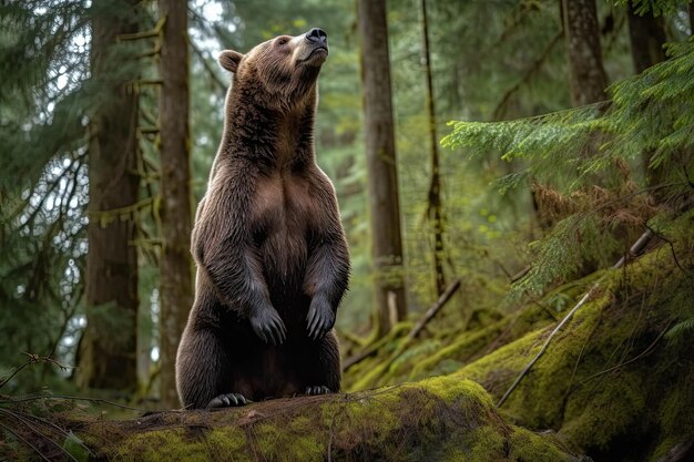 Un oso marrón sentado en una roca en el bosque