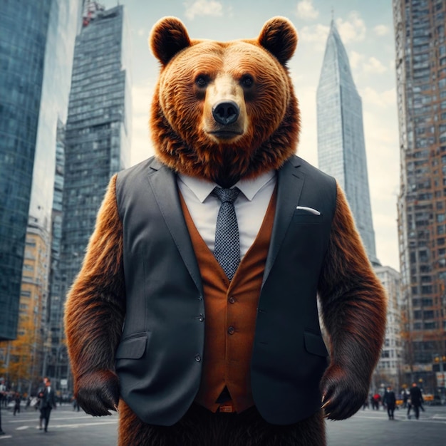 Un oso marrón serio en un traje de negocios contra el fondo de los rascacielos de la ciudad