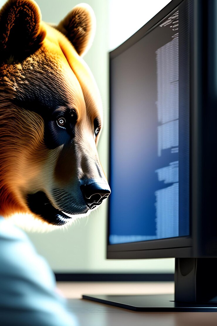 Foto oso mirando el monitor de la computadora con datos del mercado de valores
