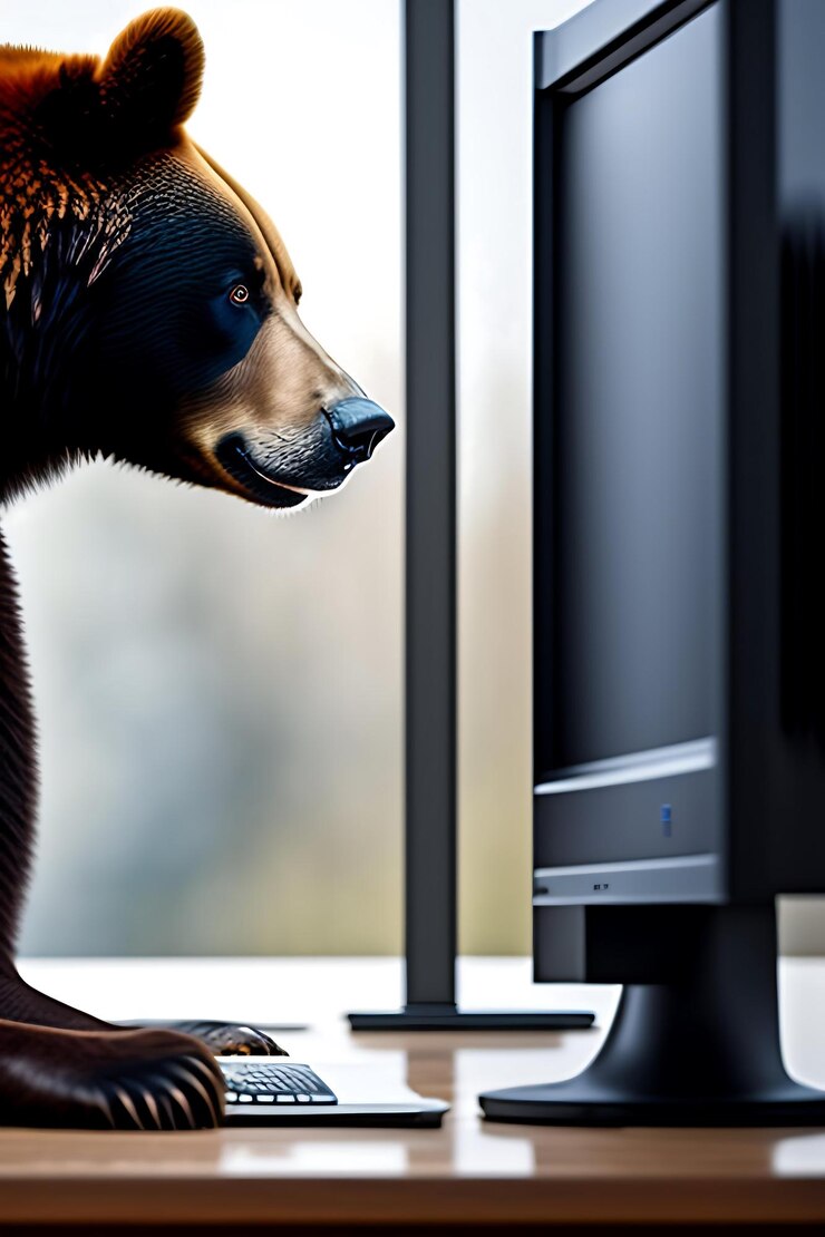 Foto oso mirando el monitor de la computadora con datos del mercado de valores