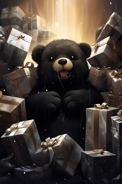 un oso con un montón de regalos a su alrededor