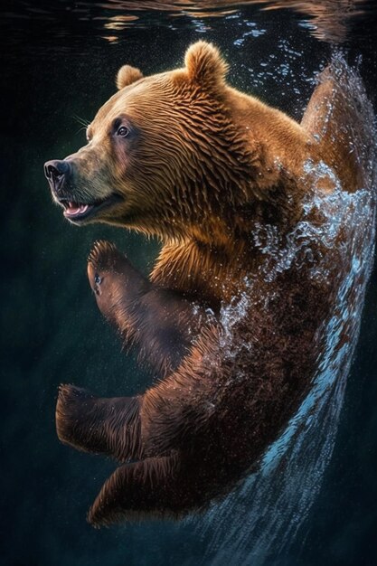 Un oso nada en el agua con la cabeza en alto.