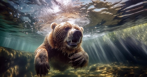 Oso nadando bajo el agua pescando El oso pardo de Kamchatka Ursus arctos beringianus atrapa salmones en el lago Kuril en Kamchatka corriendo en el agua imagen de acción