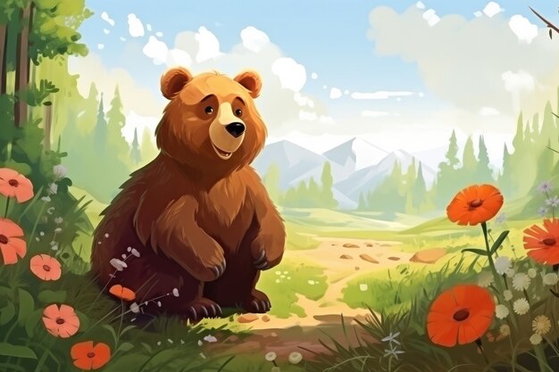 Oso en la naturaleza Dibujado dibujos animados ilustración animal Generativo ai