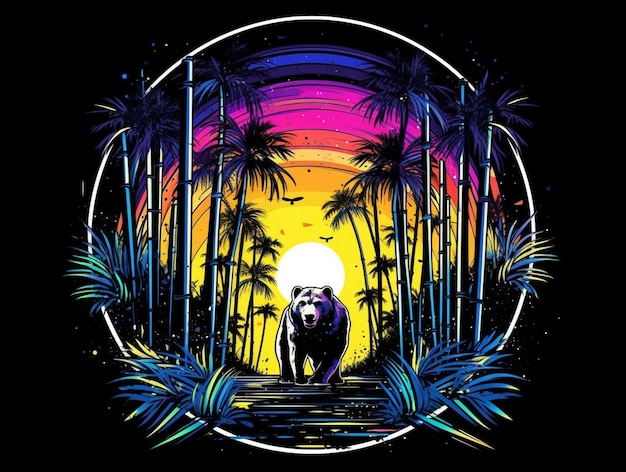 un oso negro caminando por una jungla con palmeras y una puesta de sol ai generativa
