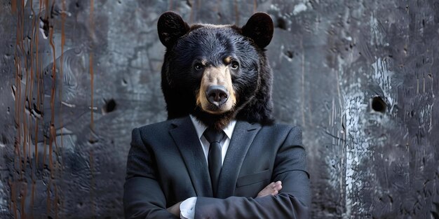 El oso negro de moda muestra confianza en un traje y corbata elegante Concept Fashion Black Bear Confidence Suit y corbata elegantes