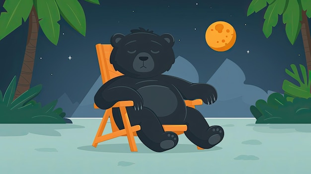 Foto un oso negro está sentado en una silla en una playa por la noche