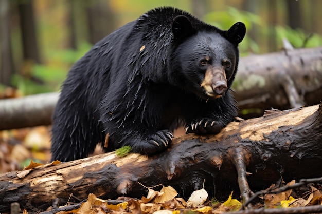 Foto un oso negro está sentado en un tronco