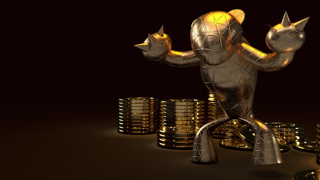 Oso de oro y coons de oro, render 3d en oscuro