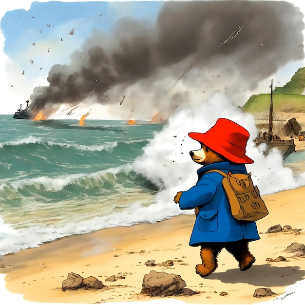Oso Paddington Asaltando Las Playas De Normandía Provoca Explosiones De Brasas Humo
