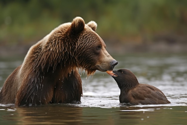 Un oso y un pájaro nadan en un río.