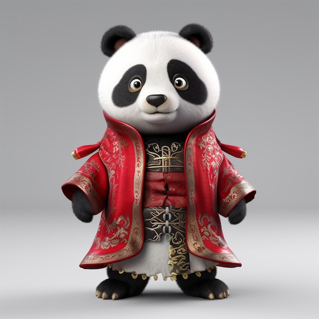 Un oso panda con un abrigo rojo con un patrón dorado.