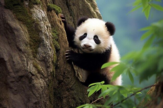 Foto un oso panda está en un árbol y tiene un ojo negro