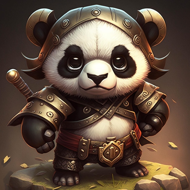 Foto oso panda en armadura con espada y casco en ai generativo