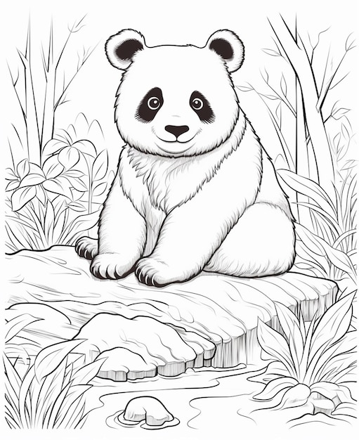 Un oso panda blanco y negro sentado en una roca en el pasto generativo ai