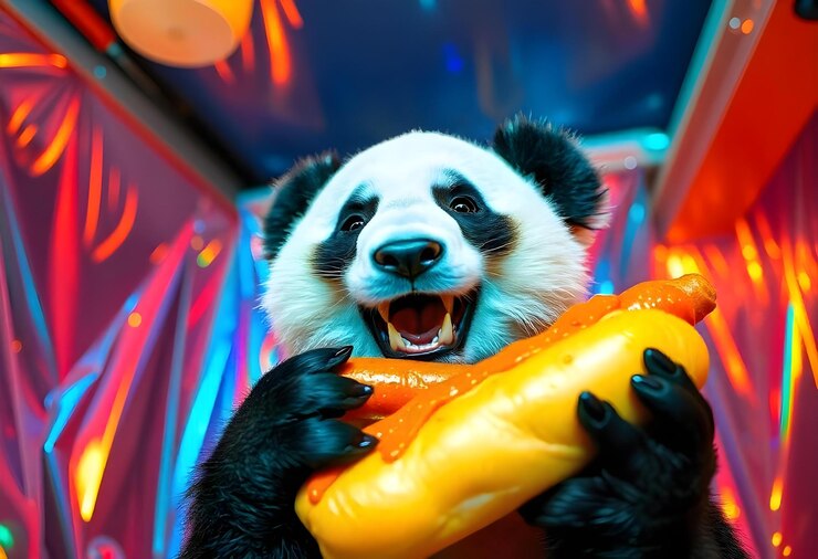 Foto un oso panda con una bolsa amarilla que dice panda en él