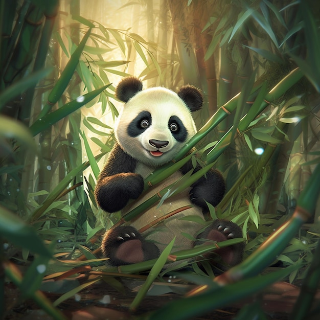 un oso panda en un bosque de bambú con bambú en el fondo.