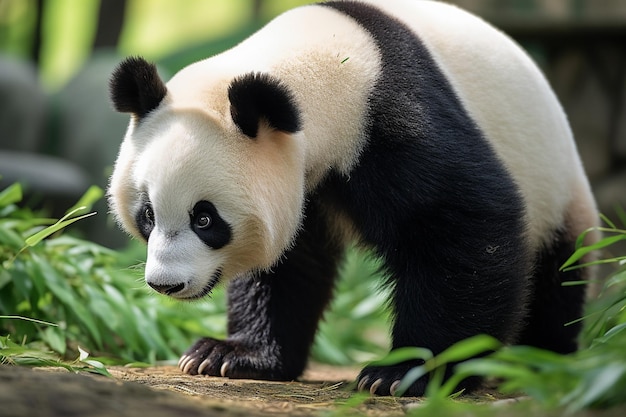 Foto un oso panda está caminando por un camino de tierra