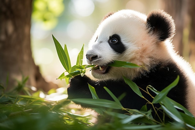 un oso panda con una cara negra y blanca y la boca abierta comiendo hojas de bambú