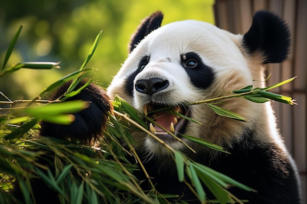 un oso panda con una cara negra y blanca está comiendo bambú