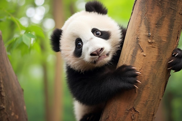 Foto un oso panda con una cara negra y blanca está mirando a la cámara