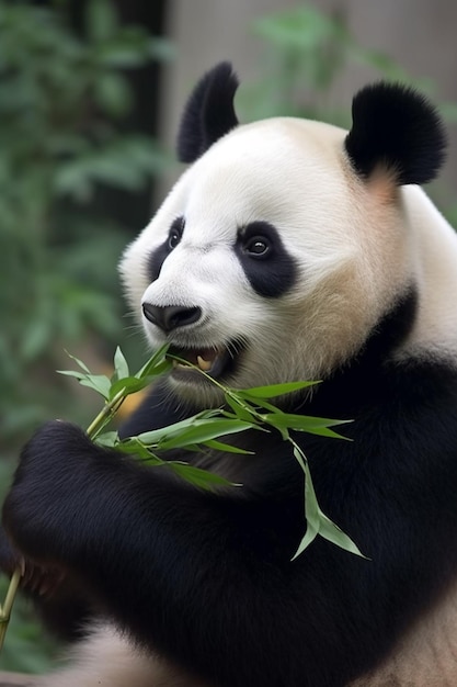 Un oso panda come bambú en un zoológico.