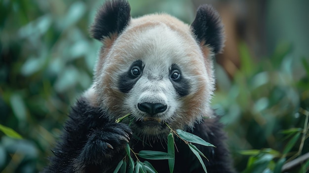 El oso panda comiendo bambú en el bosque