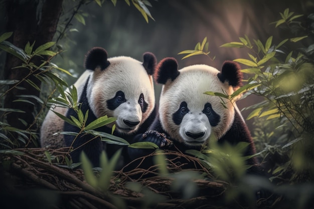 Oso panda comiendo bambú en su hábitat natural IA generativa