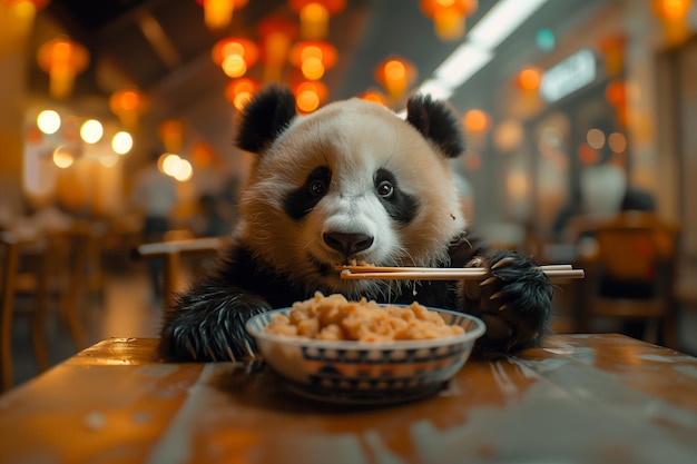 Foto oso panda comiendo comida en un restaurante con un plato de fideos generativo ai