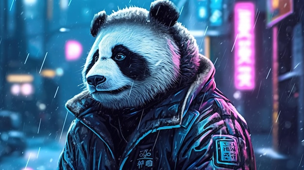 Oso panda cyberpunk en la noche