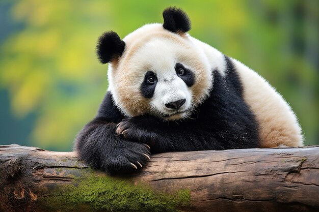 Foto un oso panda está descansando en un tronco con el fondo detrás de él