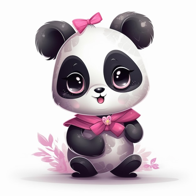 oso panda de dibujos animados con un arco rosa sentado en el suelo generativo ai
