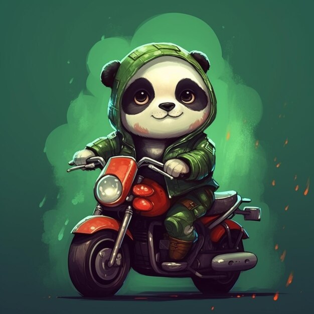 Foto oso panda de dibujos animados montando una motocicleta con una capucha en la ia generativa