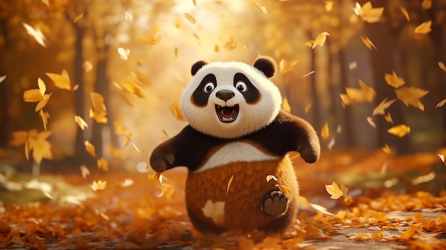 oso panda de dibujos animados de peluche corre a lo largo del camino de otoño esparciendo hojas caídas de otoño por todas partes