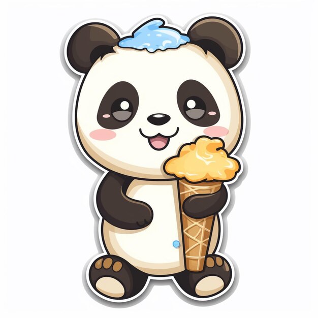 El oso panda de dibujos animados sosteniendo un pastel y un cono de helado