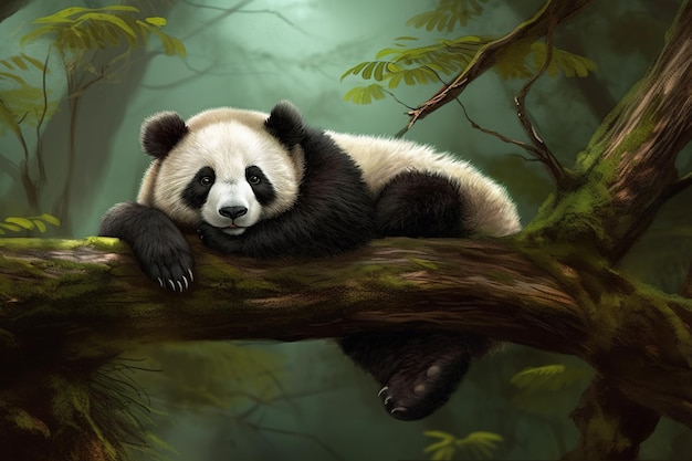 Oso panda durmiendo en la rama de un árbol China Wildlife Ai generativo