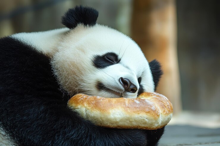 Foto un oso panda durmiendo con un rollo de pan en sus patas