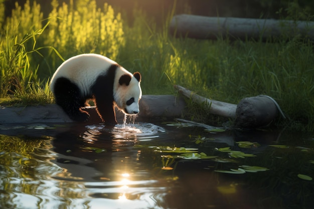 un oso panda está bebiendo agua de un estanque