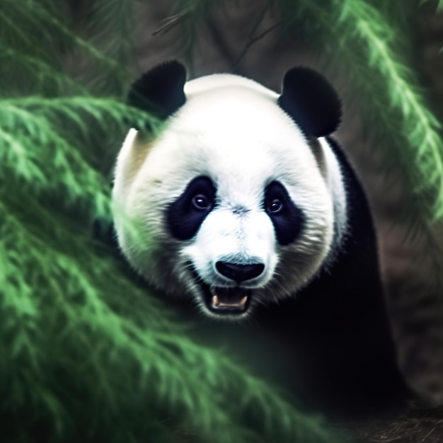 Un oso panda está en el bosque y tiene marcas negras en la cara.