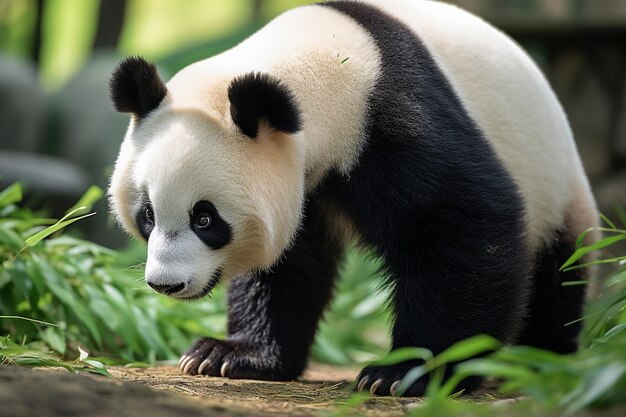 un oso panda está caminando por un camino de tierra