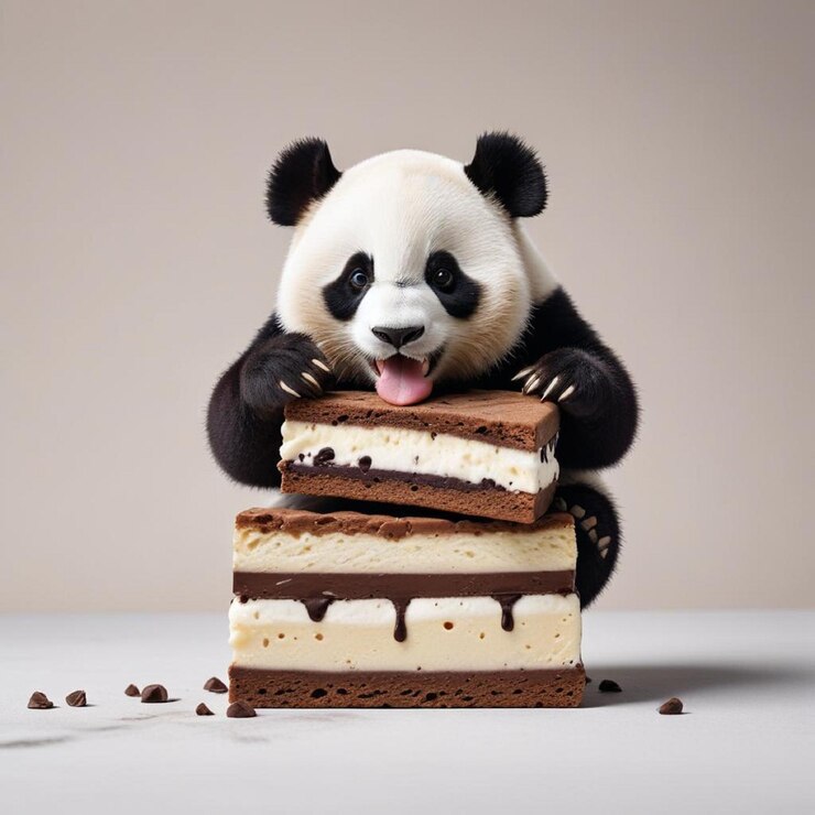 Foto un oso panda está comiendo una pila de pastel de chocolate