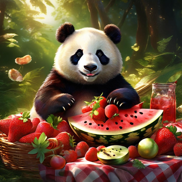 Foto un oso panda está comiendo una sandía con una canasta de fresas
