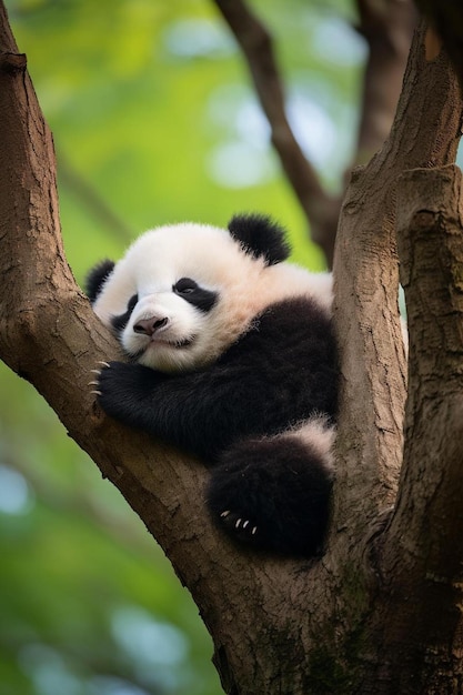 un oso panda está durmiendo en un árbol con su pata en la cabeza