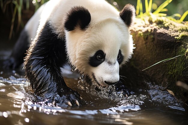 un oso panda está jugando en el agua con los ojos abiertos