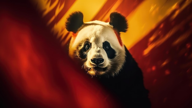 Un oso panda está parado frente a una bandera.